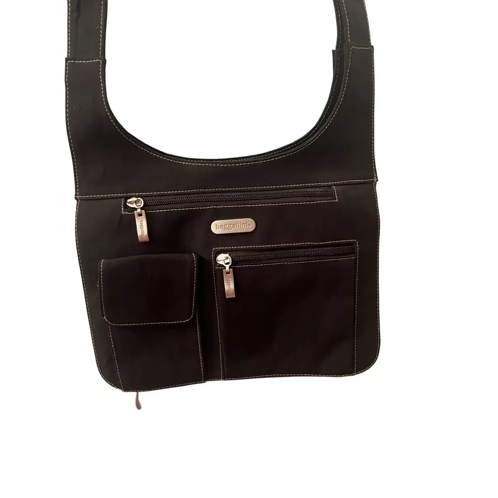 Baggallini City Bagg Black grunge nylon organizer travel crossbody hobo bag